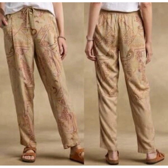 Sundance Pants - Sundance Ashanti Pants Womens 12 Tan‎ Pink Floral Drawstring Boho Chic Artsy